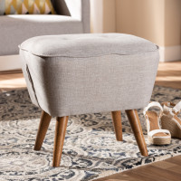 Baxton Studio BBT5341-Greyish Beige Petronelle Mid-Century Modern Greyish Beige Fabric Upholstered Walnut Brown Finished Wood Ottoman